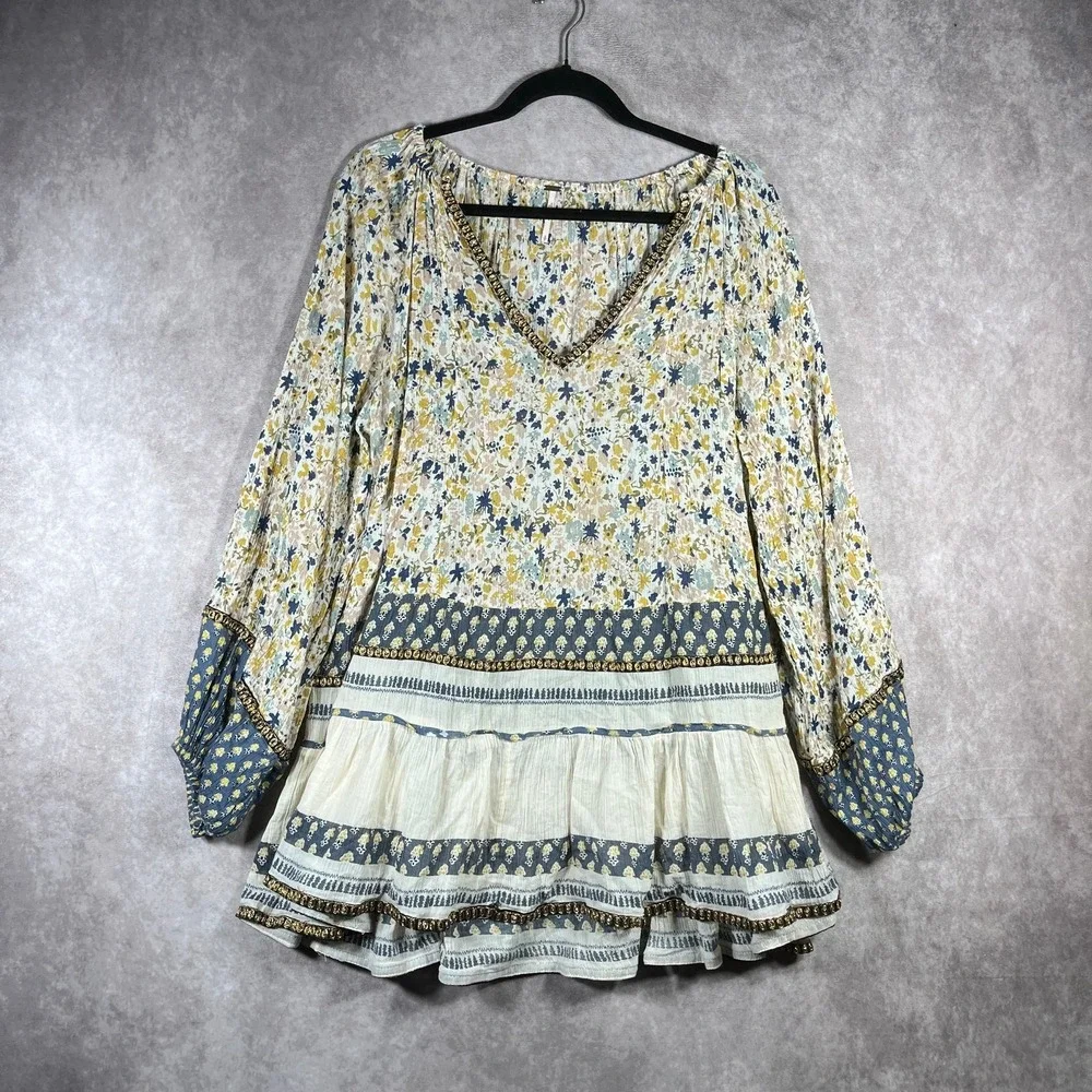 Free People Gardenia Tunic Blouse Top Womens Small Cream Floral Peasant Boho‎
